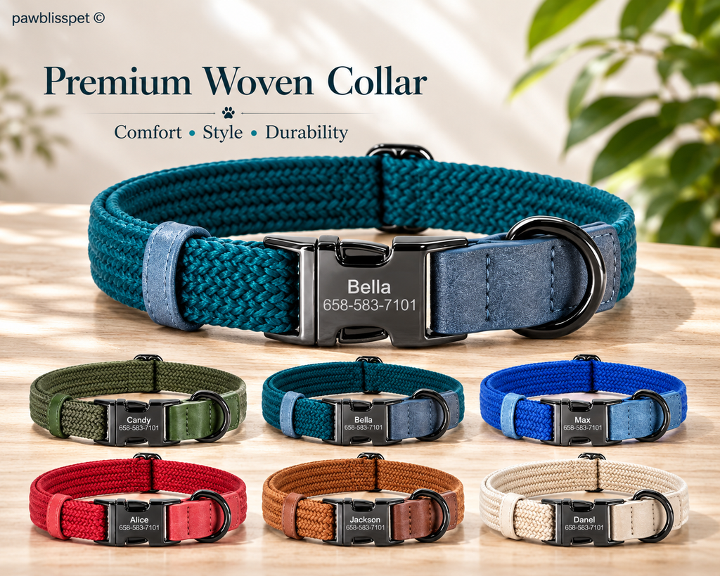 Collier tissé personnalisé PawBliss avec le nom et le numéro du chien