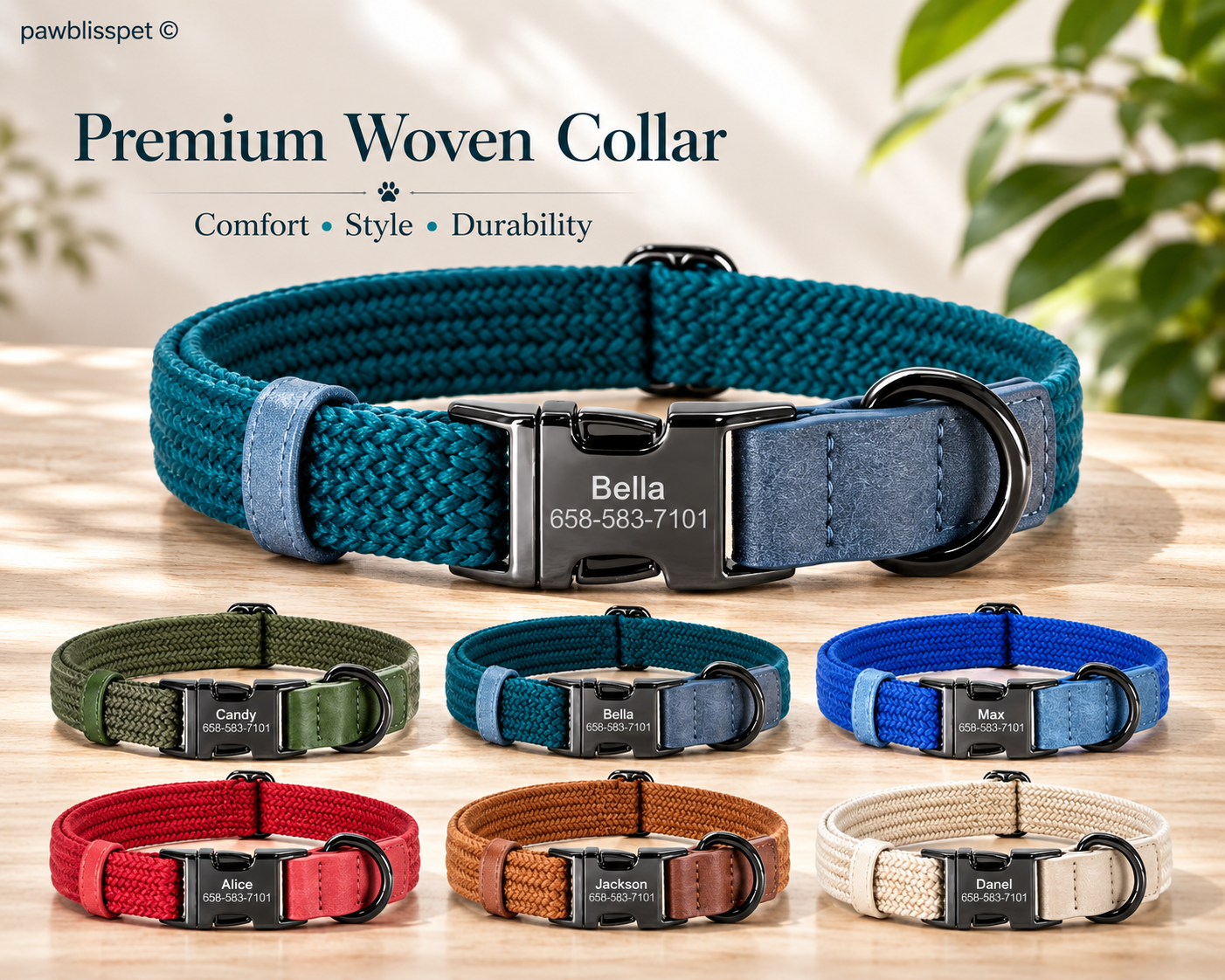 Collier tissé personnalisé PawBliss avec le nom et le numéro du chien