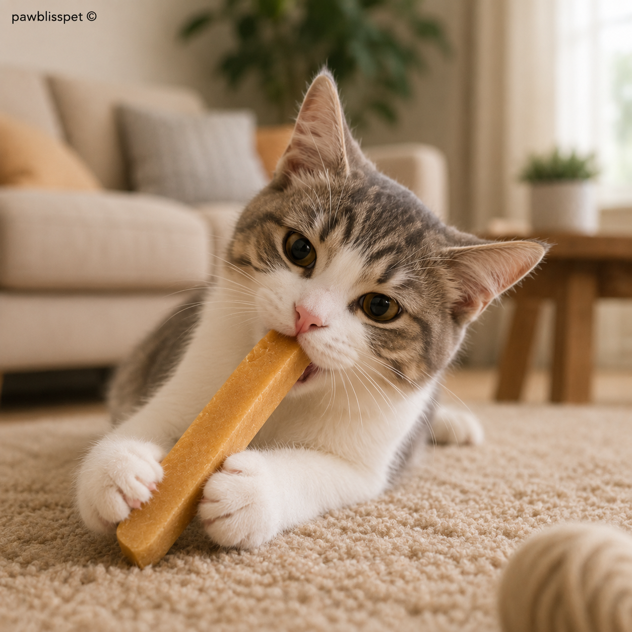 Chat gris et blanc allongé sur un tapis beige mordillant une friandise PawBliss au lait de yak