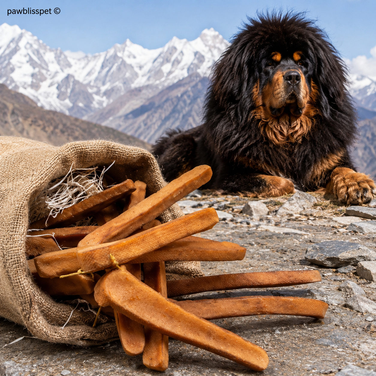 Chien allongé sur un sentier de montagne à côté d'un sac de friandises PawBliss au lait de yak