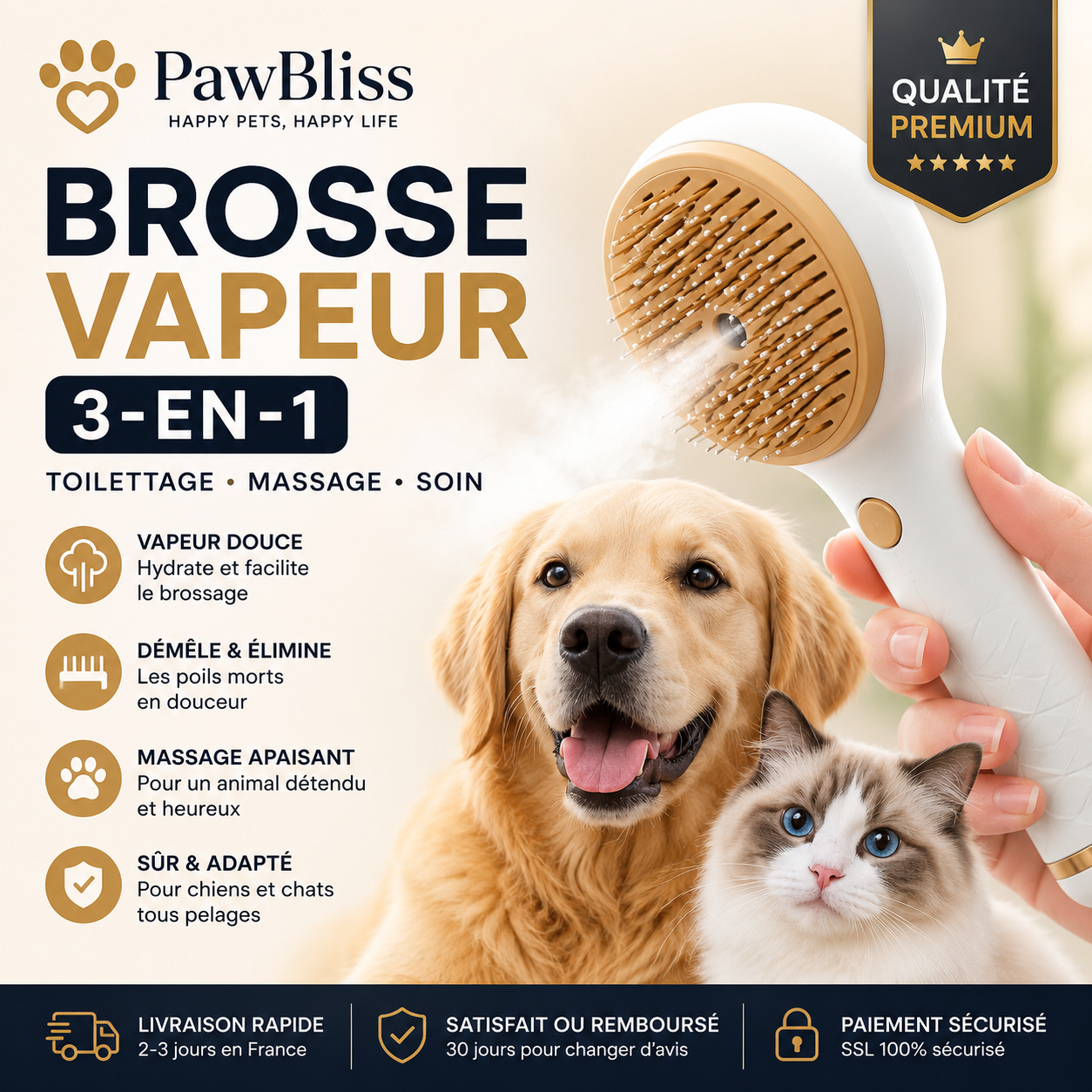 Brosse Vapeur 3-en-1 PawBliss® – Brosse + Vapeur + Massage | Chien & Chat