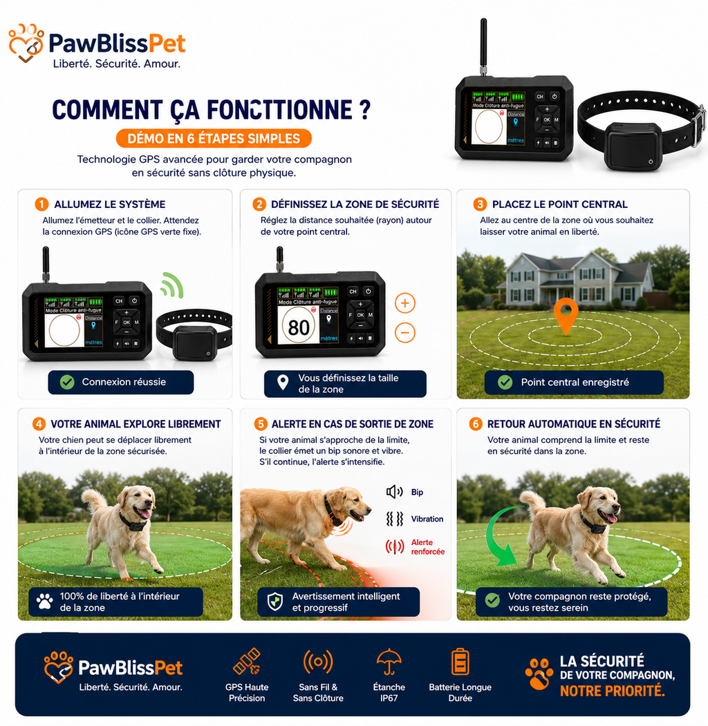 Collier GPS Clôture Virtuelle PawBliss™ – Liberté Sécurisée Sans Laisse | Chien & Chat