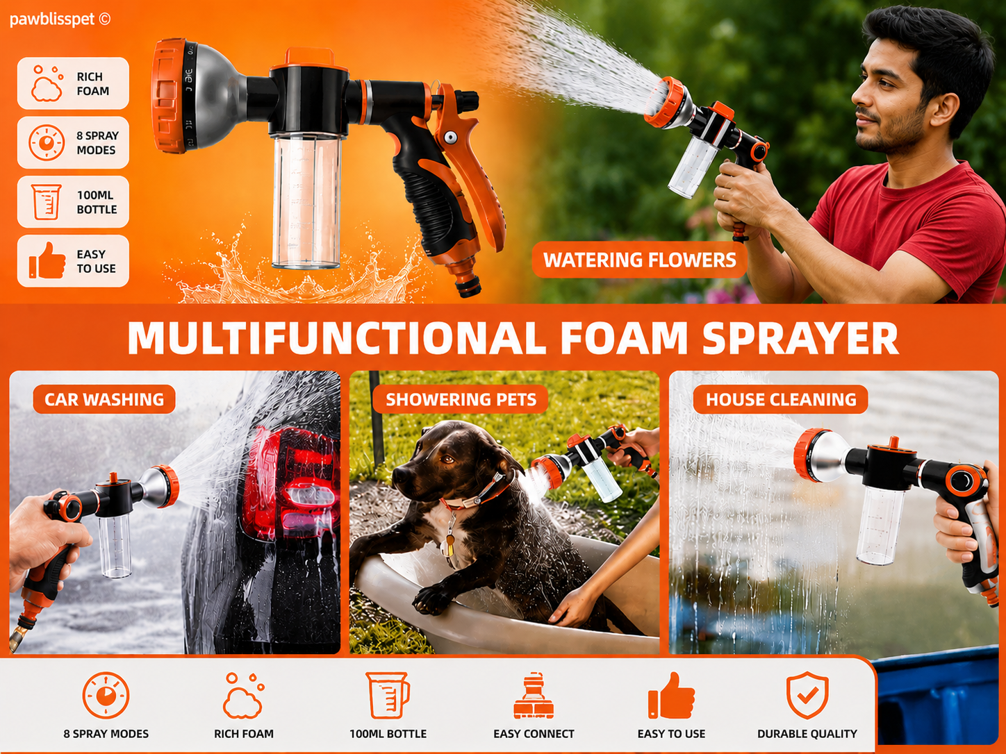 Pistolet de Douche PawBliss™ – 8 Modes de Jet + Mousse Intégrée | Chien & Chat