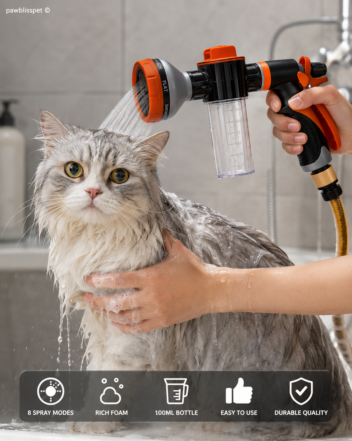 Pistolet de Douche PawBliss™ – 8 Modes de Jet + Mousse Intégrée | Chien & Chat