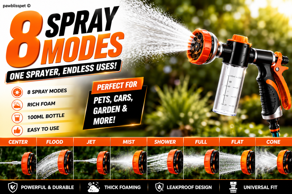 Pistolet de Douche PawBliss™ – 8 Modes de Jet + Mousse Intégrée | Chien & Chat