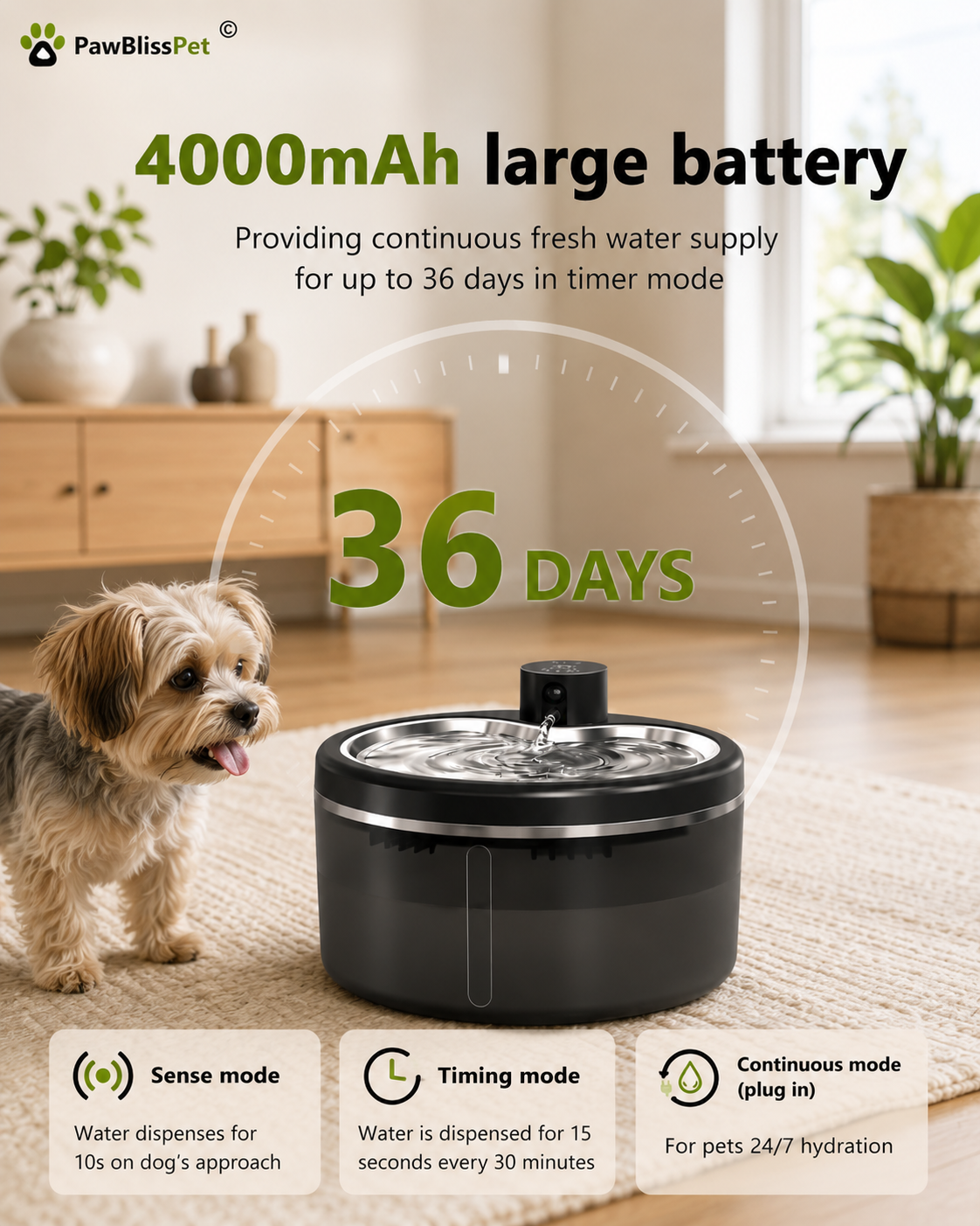 Fontaine à eau sans fil PawBliss 3L ultra-silencieuse avec filtration 4 étapes pour chat et chien