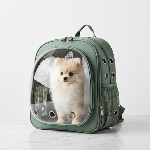 Sac à dos transport chien PawBliss Bubble Sage Green avec fenêtre bulle panoramique et Spitz Poméranie
