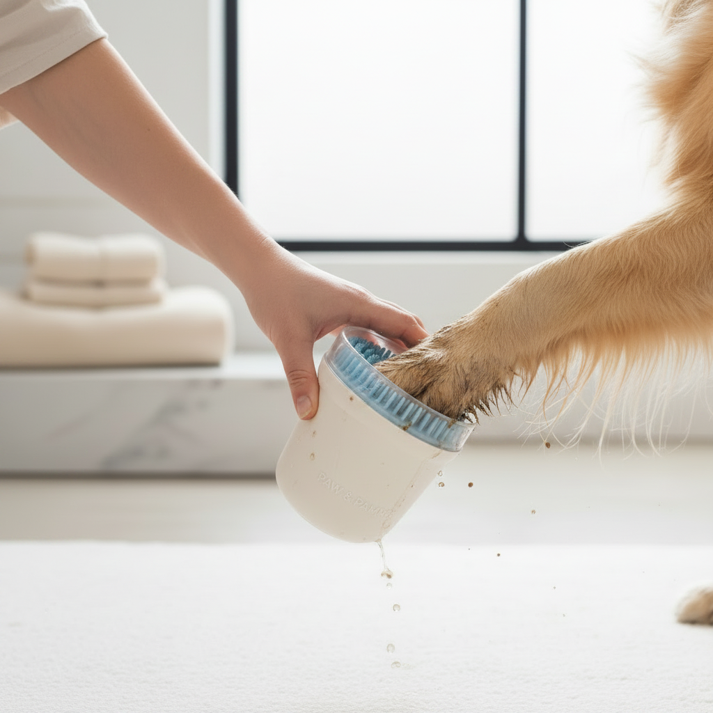 Gobelet nettoyant pour pattes utilisé sur un golden retriever après une promenade